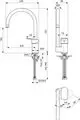 Küchenarmatur von Ideal Standard mit einem hohen, gebogenen Auslauf. Diagramm zeigt Maße und Funktionen, einschließlich der Drehmöglichkeiten des Hebels und Montagedetails.